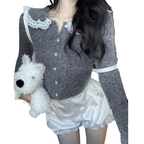 Sweet and high-end lace doll collar long-sleeved knitted sweater for women early spring slimming short cardigan top trendy