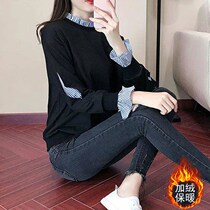 2020 New Plus Velvet Clothing Womens Autumn Winter Clothing Dins Surge in Han Edition bf Fake Two Bestie Blouse Jacket