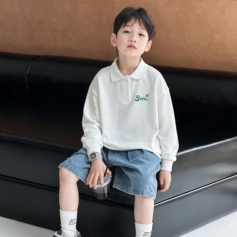 Children's Pure Cotton Long-Sleeved Polo Shirt 2026 New Autum Style Versatile White Bottoming Shirt for Boys with Lapel Top