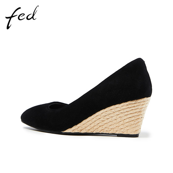 fed坡跟单鞋2023年春季新款女鞋通勤黑色浅口高跟鞋R0225-YAB030