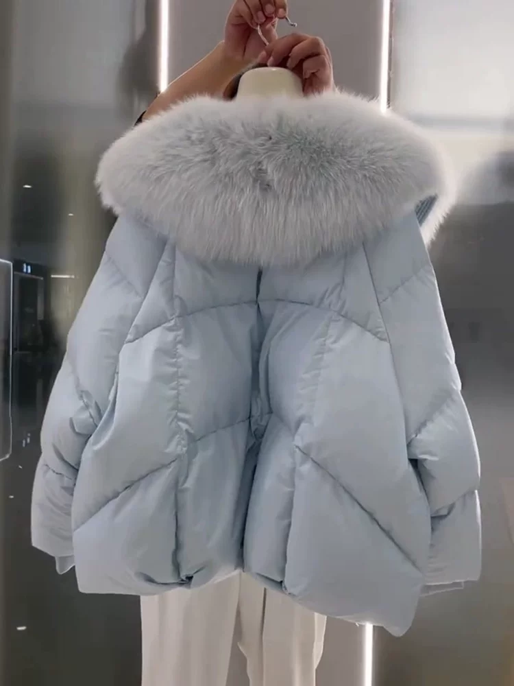 Пуховик зимний короткий синий с пухом, стиль Chanel, оверсайз