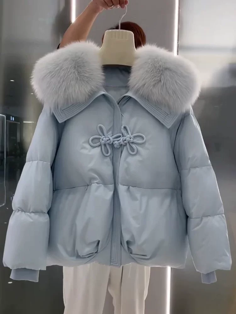 Пуховик зимний короткий синий с пухом, стиль Chanel, оверсайз