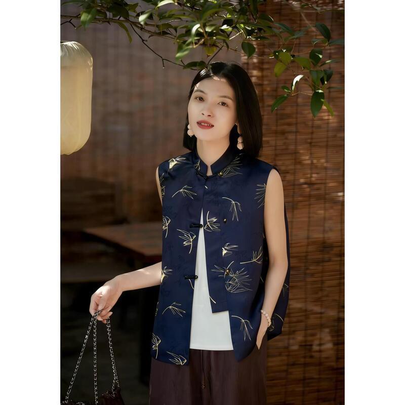 New Chinese-Style Bamboo Leaf Sleeveless Vest with Floral Print, National Style Cheongsam with Stand Collar and Bamboo Print, Buttoned Closure