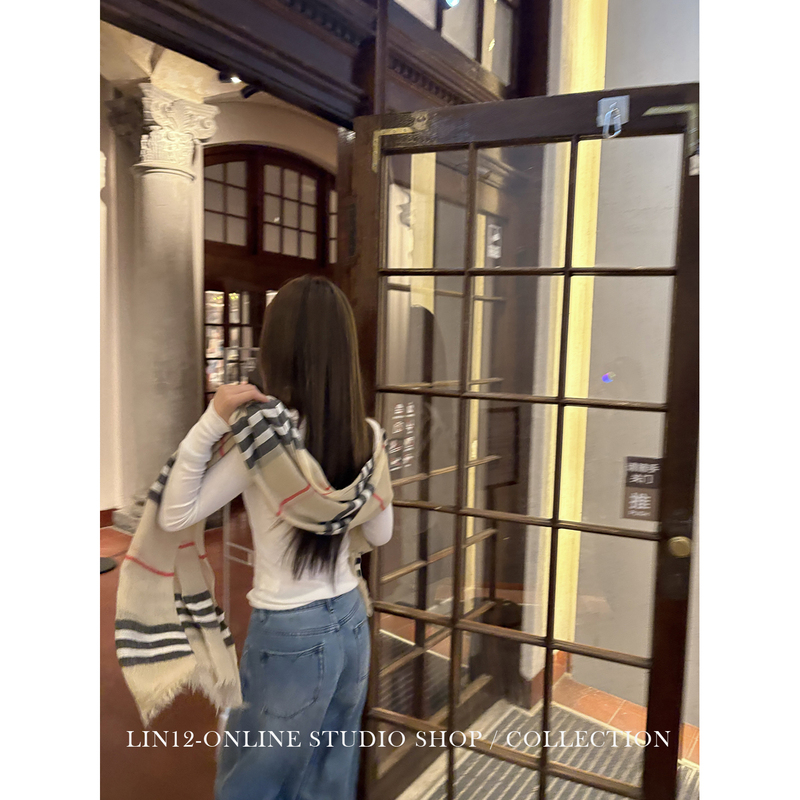 Lin12-Portland Autumn Breeze British Style Plaid Wool Scarf Women's Silk Scarf Neck Warmer Fashionable Versatile Shawl
