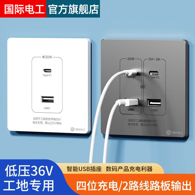 86型双USB+Type-C快充插座 适用工地36V转5V FDD国际电工出品