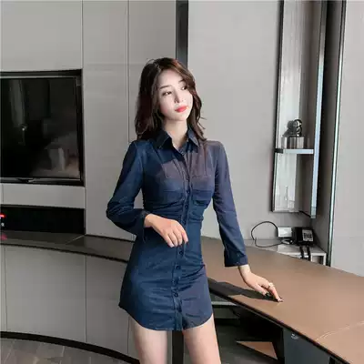 New 2020 autumn and winter fashion temperament shirt lapel long-sleeved pleated waist single row button thin dress female