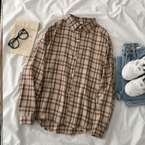 Joker Korean version of casual wind khaki plaid shirt women inside Curry color academic style art long sleeve loose