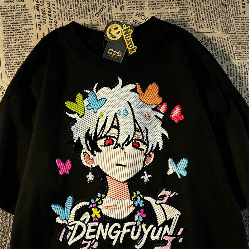 100% Cotton Oversize Cartoon Character Printed Pure Cotton Short-Sleeved T-Shirt for Boys, Students and Teenagers, Summer Top