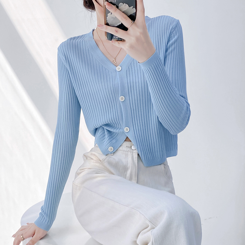 Ice Silk V-Neck Cardigan for Women, Summer Short Style, Long-Sleeved, Thin Outerwear, Can Be Paired with Skirts, Shawl Top, Air-Conditioning Shirt, Knitted Jacket