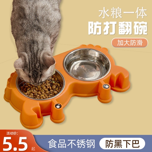 Кошачья чаша, миска для собак, рисовая миска из нержавеющей стали, а также миску для корма для домашних животных, анти-черный подбородок, двойная миска, питьевая вода в одном