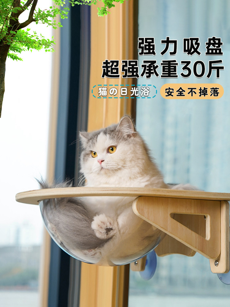 Solid Wood Cat Hammock Hanging Nest Pet Window Glass Hanging Bed Suction Cup Space Capsule No-Drill Climbing Frame Balcony