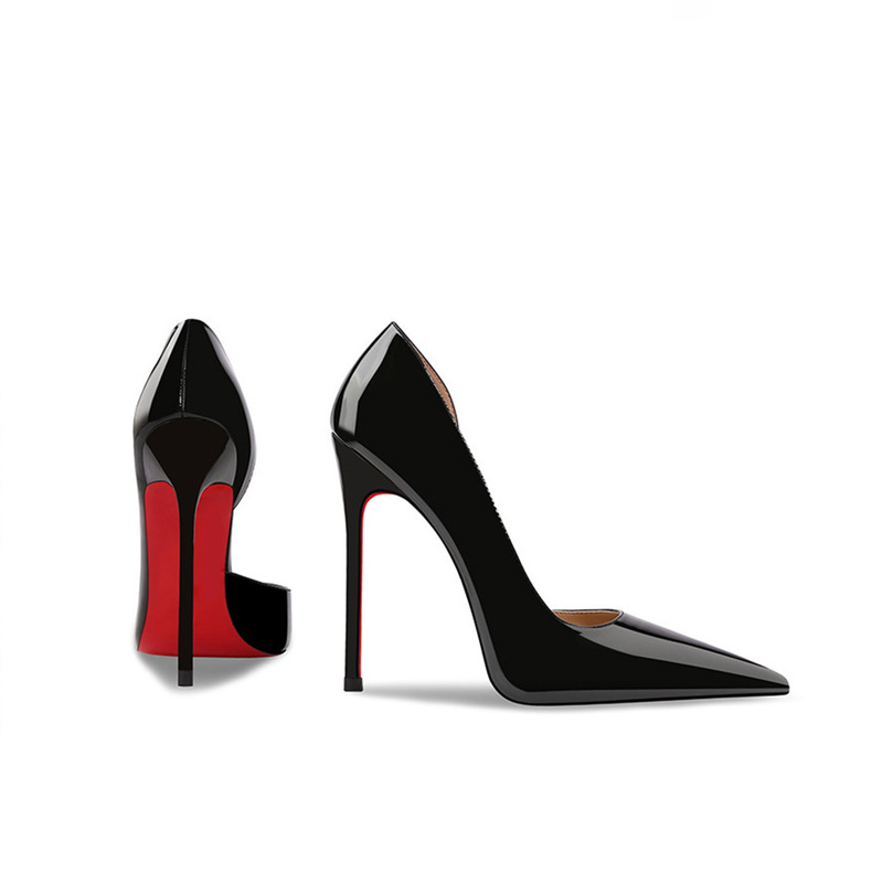Cl Red-Soled Shoes, Black Patent Leather Pointed Toe Stiletto High Heels, 2026 Spring New Model, Sexy Shallow Mouth with Side Cutouts
