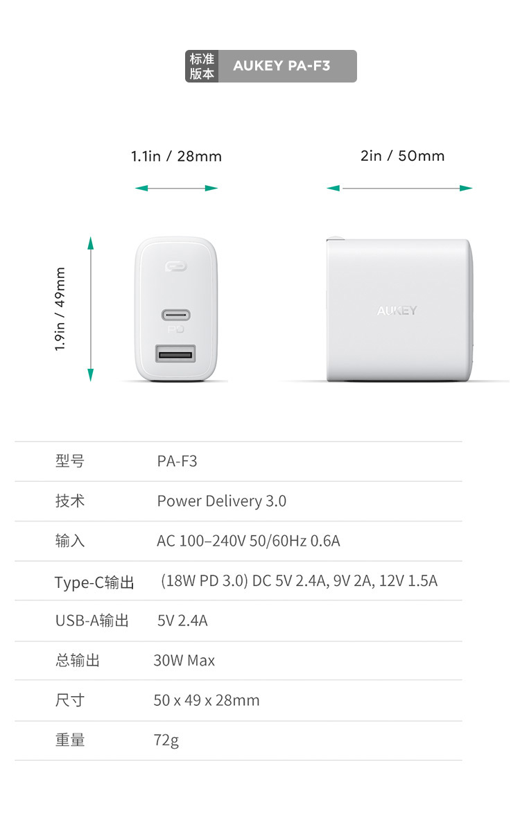 AUKEY 傲基 PA-F3S 12W+20W双口充电器 PD快充版 天猫优惠券折后￥29.9包邮（￥49.9-20）