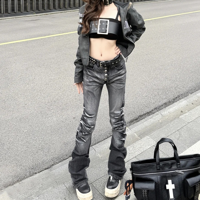 American Retro Washed Pleated Button-Up Jeans for Women, Autumn Low-Waist Ripple Cracked Straight-Leg Slim-Fit Stacked Long Pants American Retro Washed Pleated Button-Up Jeans for Women, Autumn Low-Waist Ripple Cracked Straight-Leg Slim-Fit Stacked Long Pants