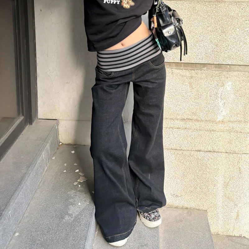 American-Style Street Striped Straight-Leg Patchwork Denim Pants for Women, Summer Slim-Fit Versatile Wide-Leg Flared Pants, Trendy Brand American-Style Street Striped Straight-Leg Patchwork Denim Pants for Women, Summer Slim-Fit Versatile Wide-Leg Flared Pants, Trendy Brand