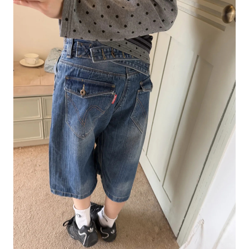 American Retro Paris Buckle Design Denim Shorts for Women, Summer Washed Five-Point Pants, Straight Mid-Length Pants, Wide-Leg Cropped Pants