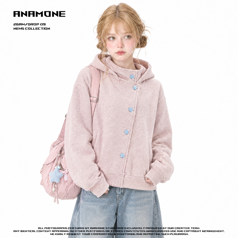 Anamone Early Autumn Korean Design Star Button High Collar Sweatshirt Unisex Style Hooded Cardigan Jacket for Women Autumn Anamone Early Autumn Korean Design Star Button High Collar Sweatshirt Unisex Style Hooded Cardigan Jacket for Women Autumn