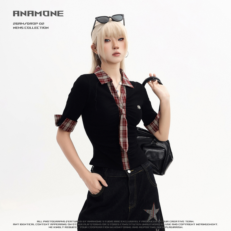 Anamone American Style Spicy Girl Pleated Waist Short-Sleeve T-Shirt for Women, Summer Plaid Patchwork Design Short Top