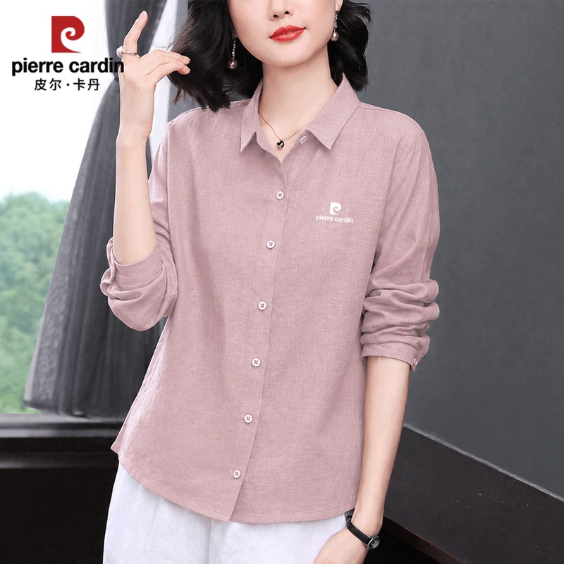 Pierre Cardin Linen Shirt for Women, Spring and Autumn 2026 New Style, Light Luxury Casual Long-Sleeved Loose and Stylish Age-Reducing Shirt