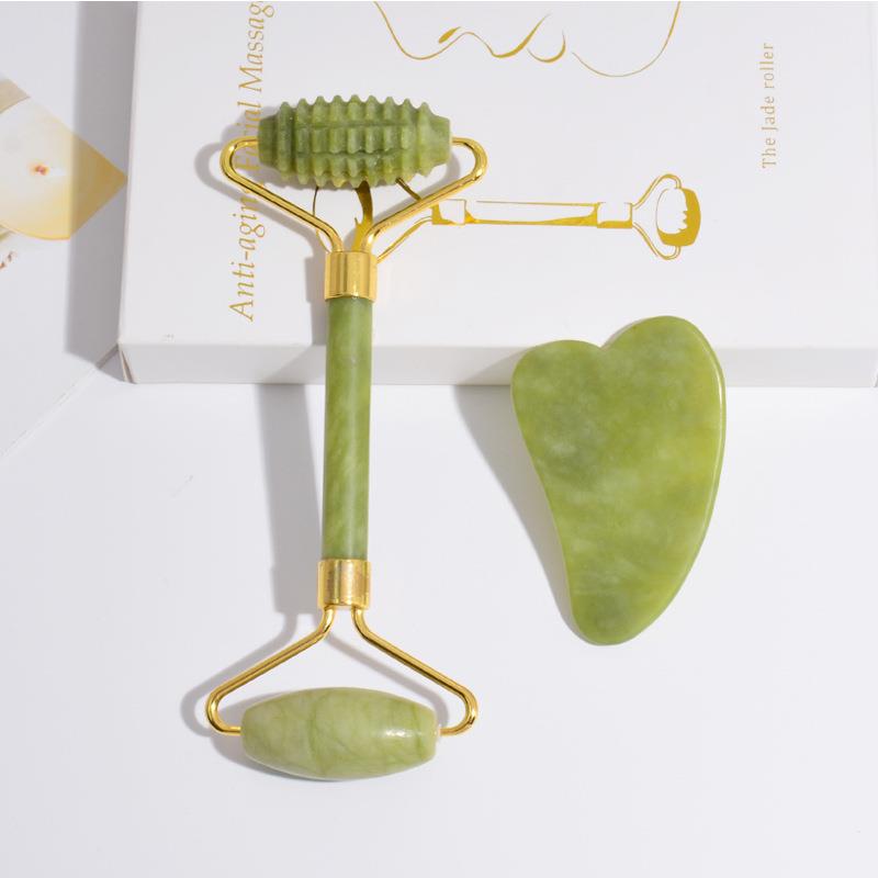 New products-Green Fengyu facial massage face Double head jade massager facial maintenance meridians scraping plate roller set-Taobao