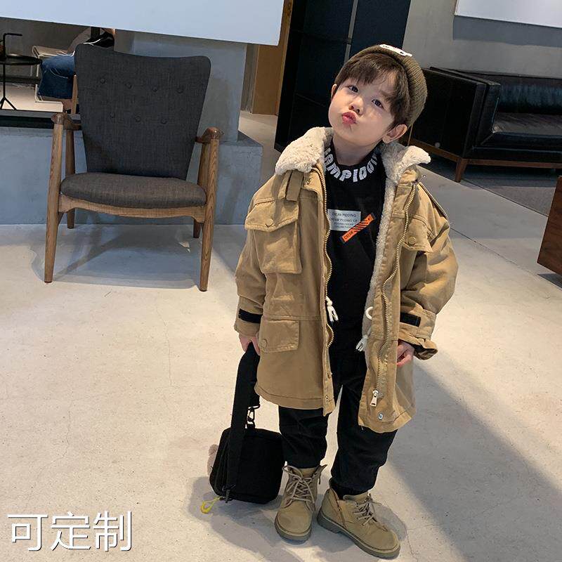 Boy lamb suede windy with long style children 2022 Winter child clothing Boy Han version Tidal Baby Thickened Cotton Coat Jacket-Taobao