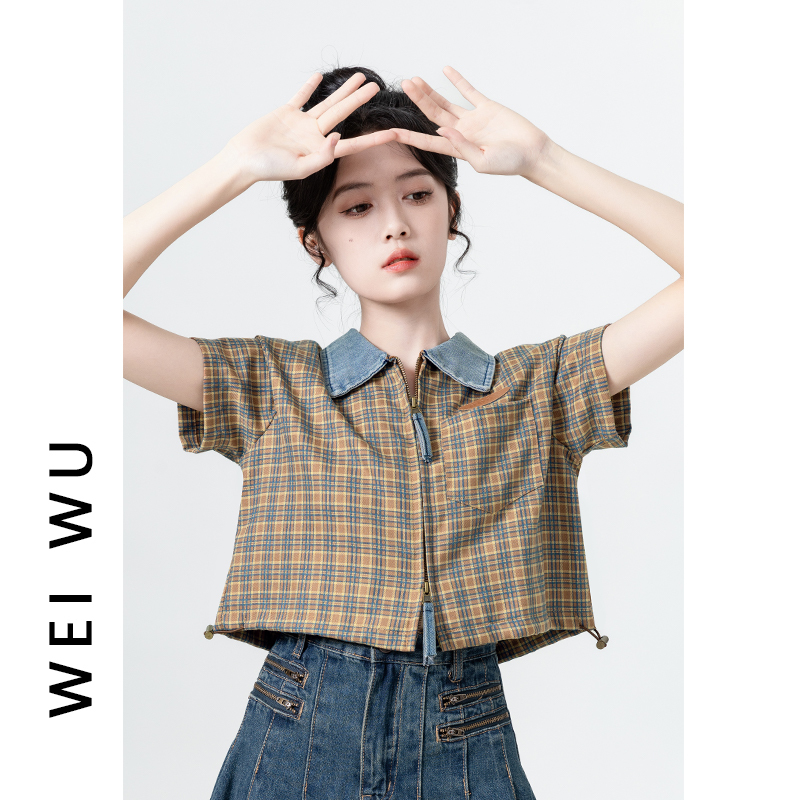Retro Short Polo Collar Double Zipper Short-Sleeved Shirt for Women Summer 2026 New Contrast Color Lapel Shirt Plaid Top