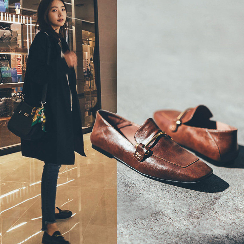 Tide brand small leather shoes women's 2022 new brown square toe flat leather British style single shoes all-match