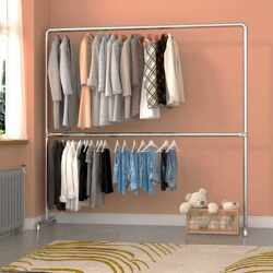 Galvanized Steel Pipe Clothes Drying Rack, Double-Layer Adjustable Floor-Standing Indoor Clothes Rack, Balcony Clothes Drying Rack, Movable Coat Rack
