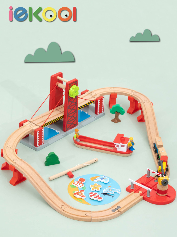 Wooden suspension bridge train track set Magnetic locomotive 3-5-7 years old boys and girls Building blocks Children's toy hanging tower