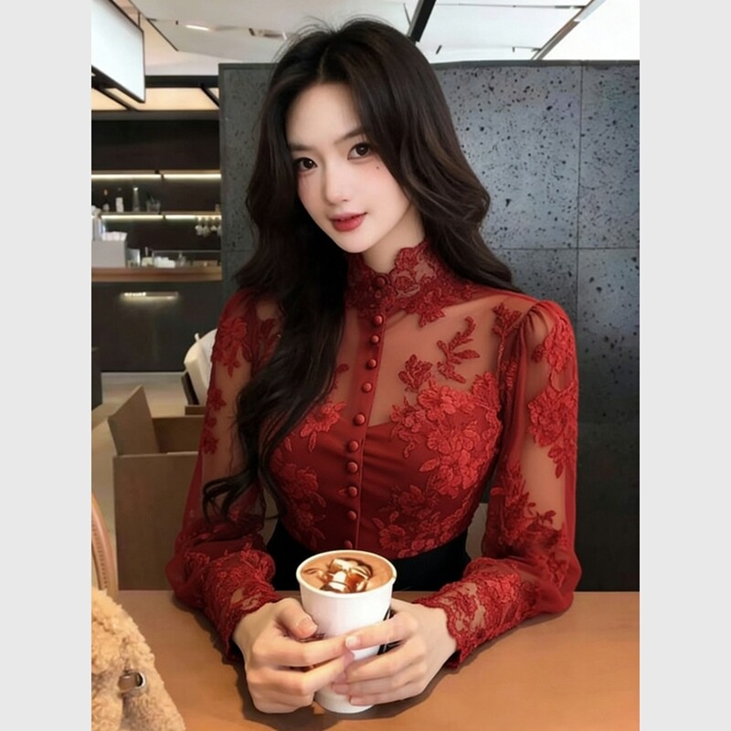 New Year's High-End Light Luxury Age-Reducing Trendy Shirt for Women, Spring French-Style Base Shirt, Red Lace Top New Year's High-End Light Luxury Age-Reducing Trendy Shirt for Women, Spring French-Style Base Shirt, Red Lace Top
