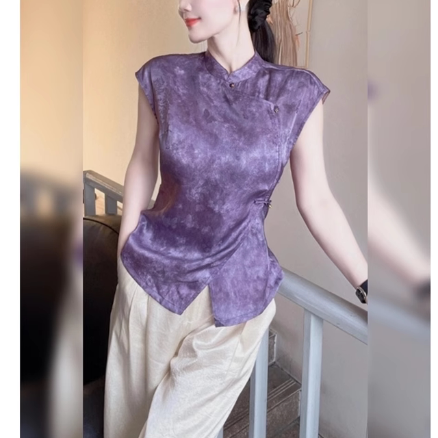 High-End Purple Stand-Up Collar Printed Shirt for Women, Summer New Chinese Style with National Elements, Classy and Elegant Top