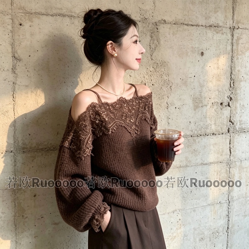 2026 Autumn New Lazy Style Coffee Color Lace Patchwork Knitted Sweater for Women, Vintage Fashionable Off-Shoulder Top