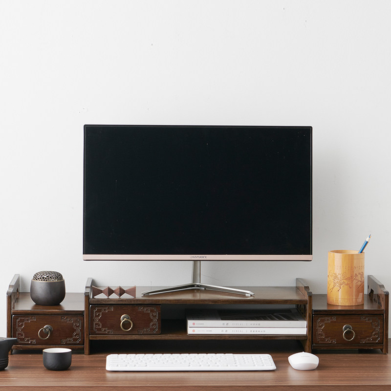 Solid wood desktop computer screen increase rack simple keyboard finishing storage pad raised bamboo shelf base