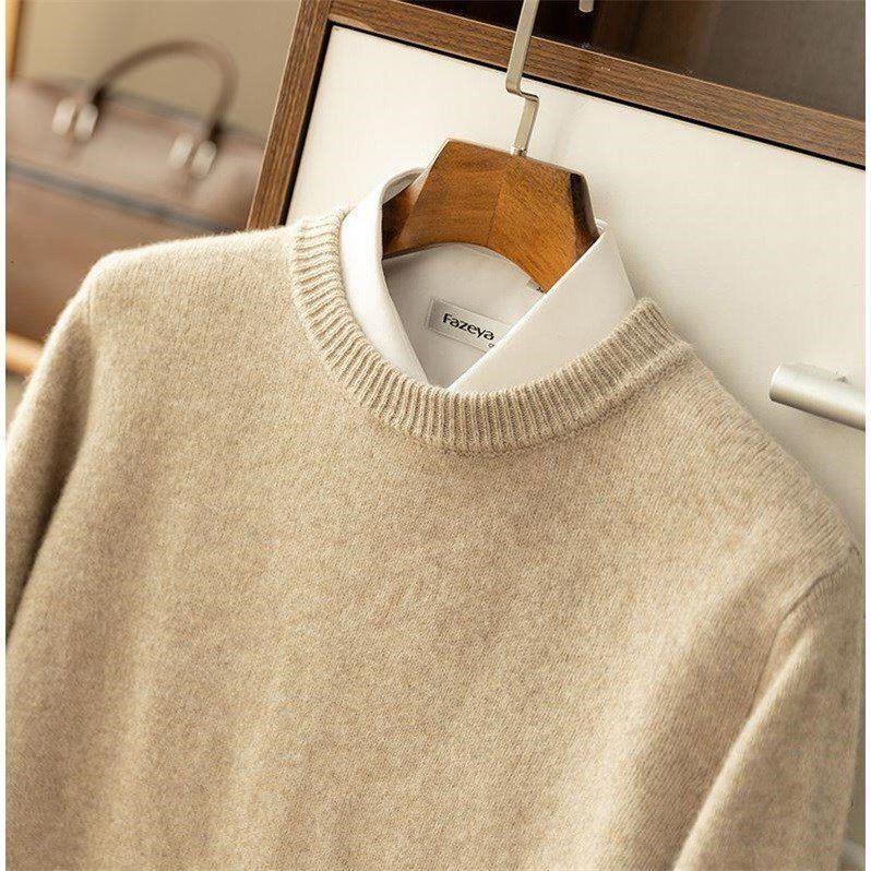 Autumn and Winter Thickened Round-Neck Knit Sweater for Men, Solid Color Wool Pullover, Loose Fit, Large Size Knit Base Shirt for Men