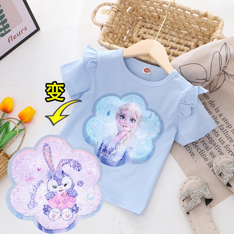 女の子の色が変わるTシャツ、両面リバーシブル、スパンコール付き半袖夏コットンTシャツ、ベビーアイシャアイシャボトムシャツ