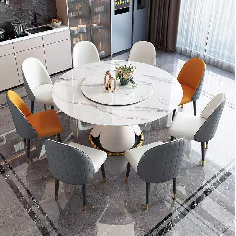 Italian light luxury bright slate dining table and chair combination modern minimalist living room dining room household round dining table with turntable