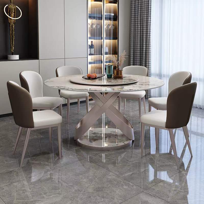 Italian light luxury bright rock board dining table and chair combination modern minimalist living room home marble round dinner table with turntable