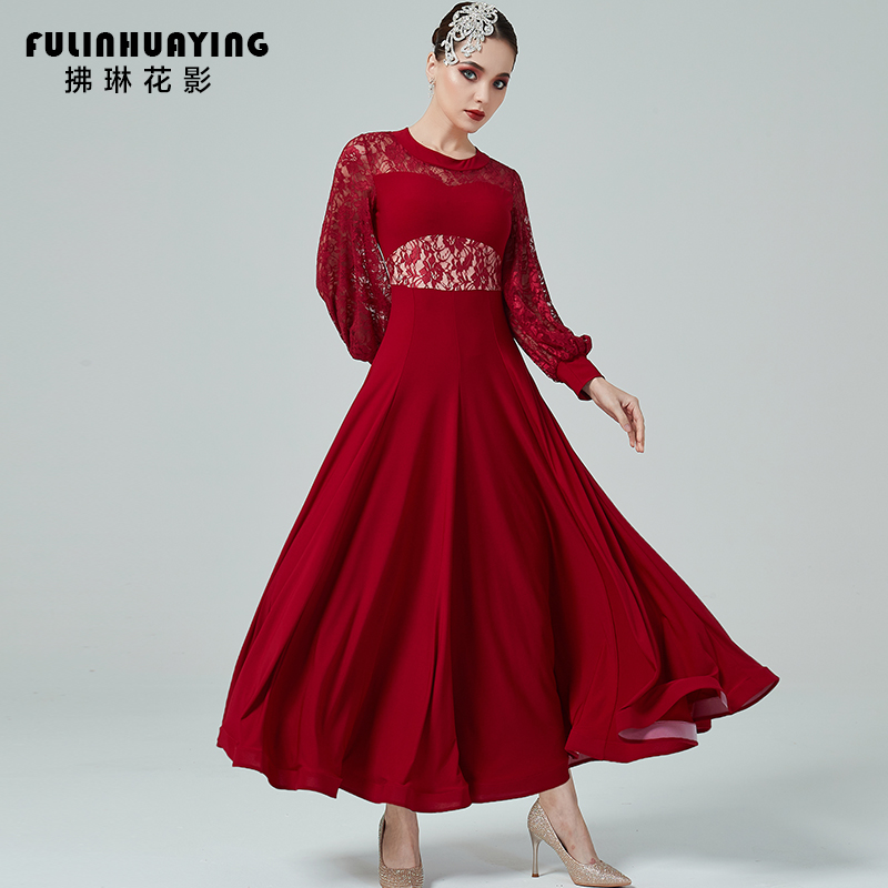 Pre-dawn Flowers Movie Morden Dance National Mark Dance Dress Lace Lantern Sleeve Social Dance Dresses Waltz Dress Rehearsée