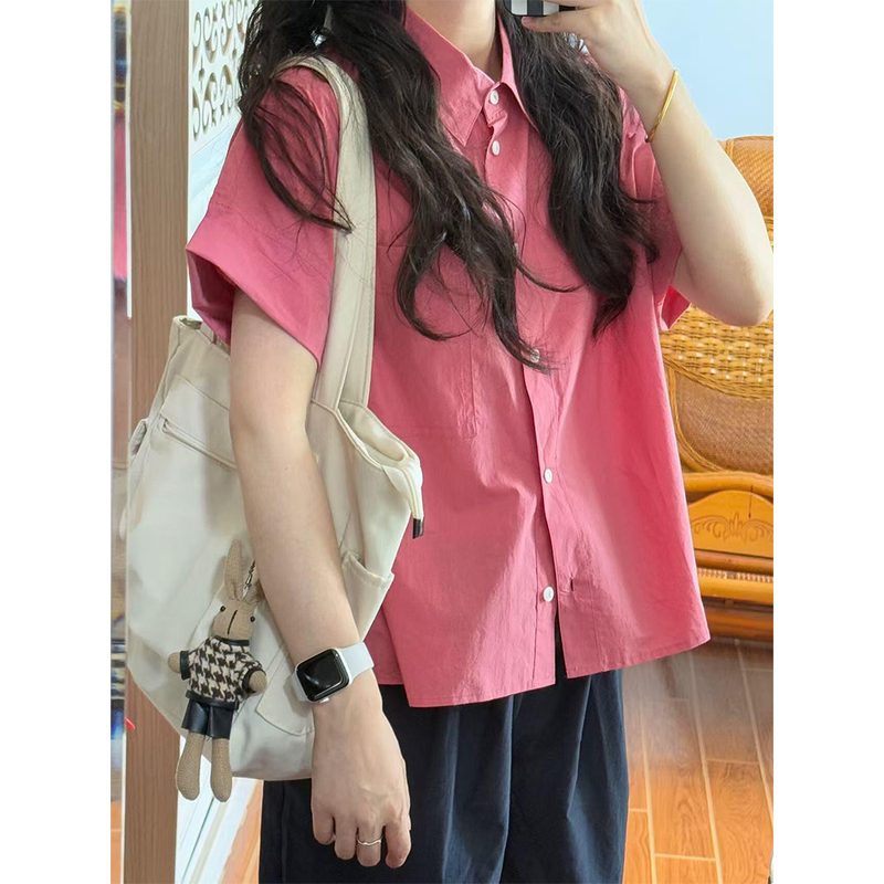 French Sweet Style Raspberry Pink Short-Sleeved Shirt for Women, Summer College Style, Loose Design, Niche Versatile Top