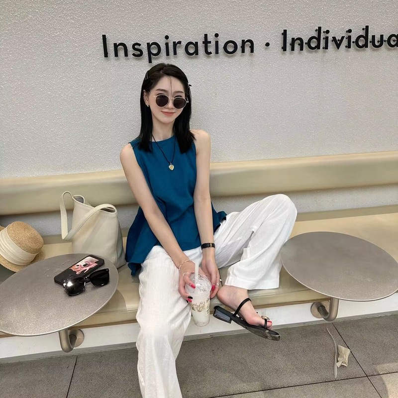 Korean Style Simple and Versatile Peacock Blue Sleeveless Vest Shirt for Women, Summer Outerwear, Loose Cotton and Linen Lightweight Top