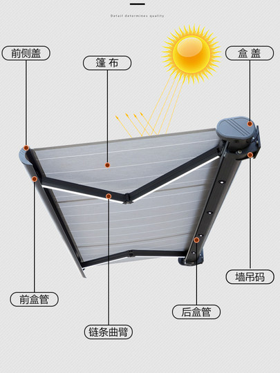 Vollkasten-Markise für den Außenbereich, elektrisch klappbar, einziehbare Markise, Sonnenterrasse mit hellem Vordach, Innenhof, Haus, Villa, Markise