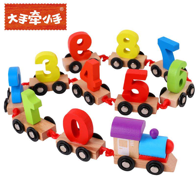 Large hand held small hand children wooden digital small train assembled combined wooden tug toy toy car