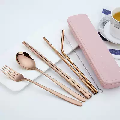 Cross-border outdoor straw portable tableware 7-piece set 304 stainless steel spoon chopsticks tableware set Straw combination