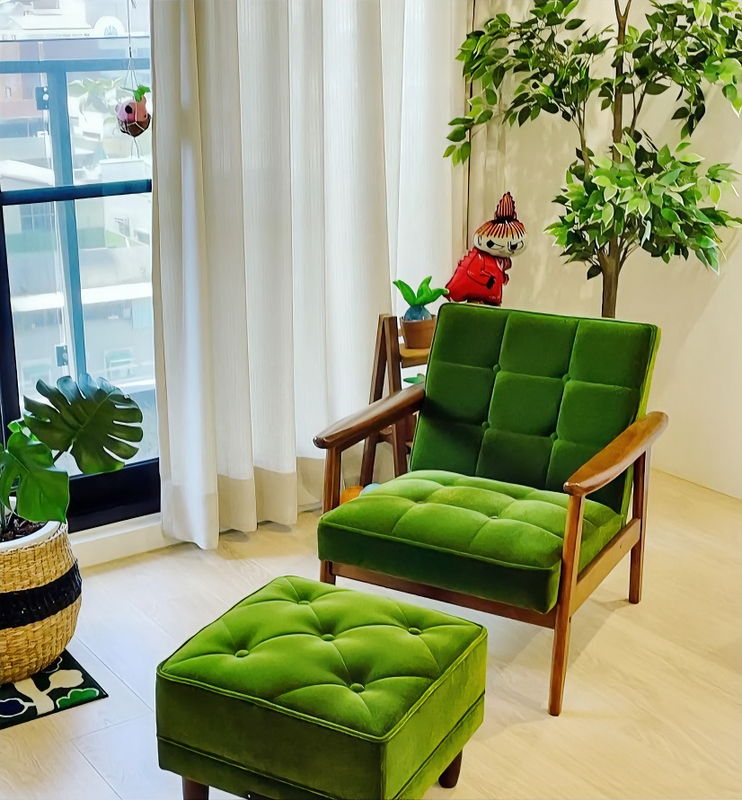 K Chair Sofa Replica Japanese Single Armchair Japanese-Style Solid Wood Leisure Chair Green Velvet Sofa Chair