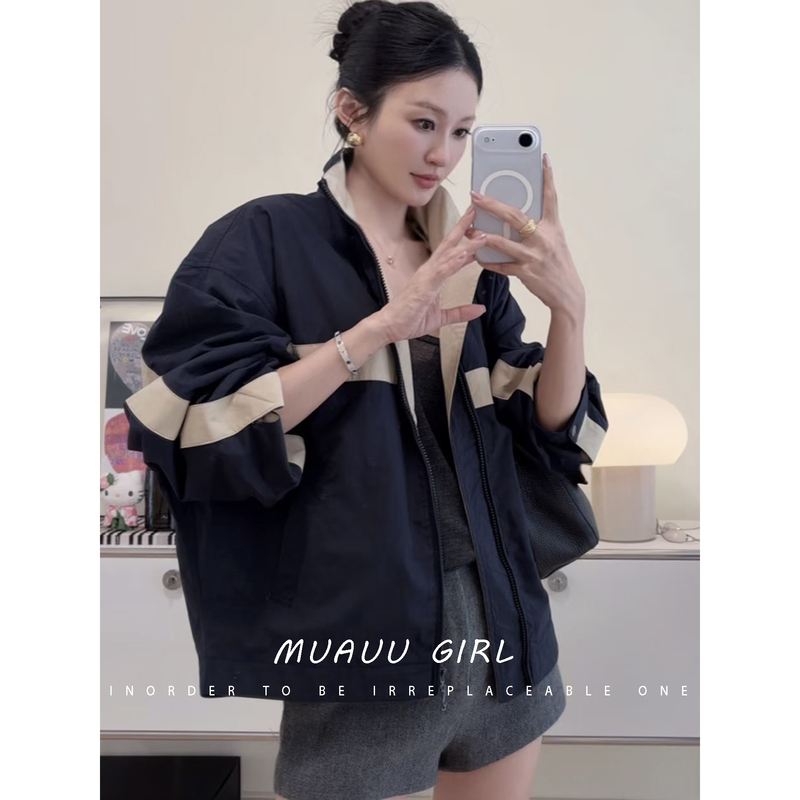 Muauu Girl American Style! 26S Early Autumn Old Money Retro Color-Blocking Stand Collar Zipper Loose Jacket Coat