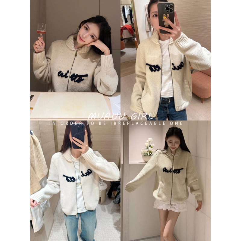 Muauu Girl Soft and Beautiful! 26S Lazy Style Wool Letter Embroidery Lapel Zipper Knit Sweater for Women