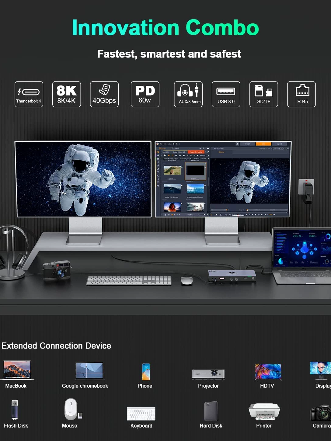 Thunderbolt Thunderbolt4 Расширение Qgeem 15 -ин -Универсальный USB C Дислатинист двойной дисплей 4K или одиночный 8K HDMI HD вывод видео совместимо ноутбуку