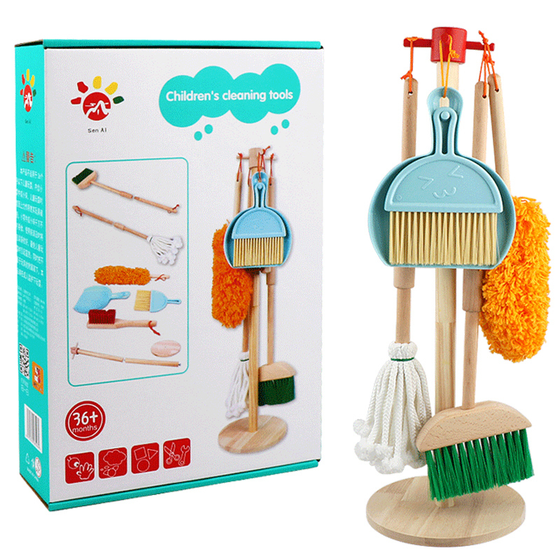 Wooden Cleaning Artificial Play House Toys for Boys and Girls to Practice Housework Combination Broom Tool Set