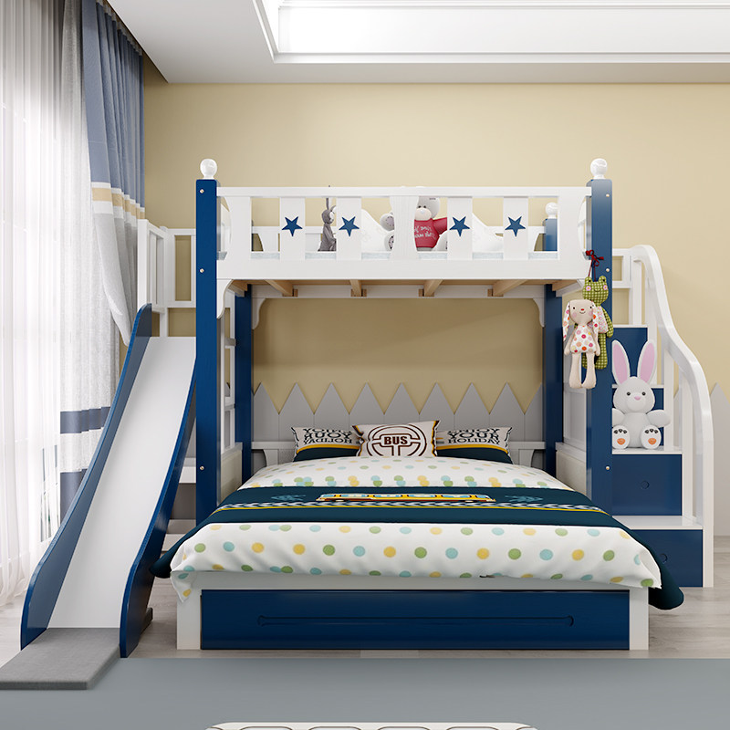 Children's bed and bunk double-layer solid wood multi-functional combination small family household upper and lower bunk two-layer staggered mother-in-law bed