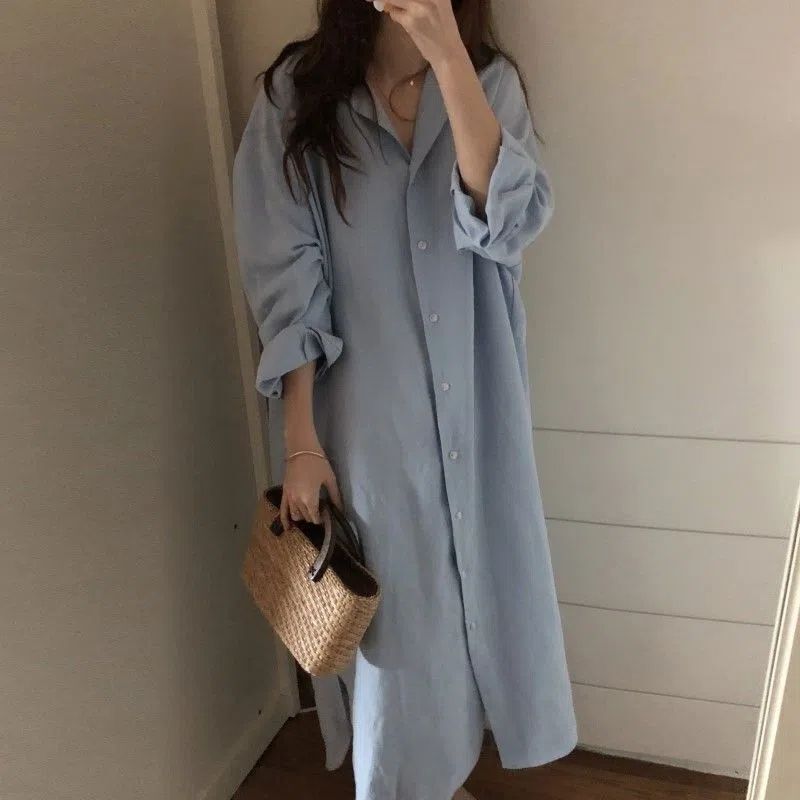 Plus Size 150kg Lazy Style Extra-Long Shirt-Style Long Dress Women's Cotton Thin Coat Over-The-Knee Shirt Dress Plus Size 150kg Lazy Style Extra-Long Shirt-Style Long Dress Women's Cotton Thin Coat Over-The-Knee Shirt Dress